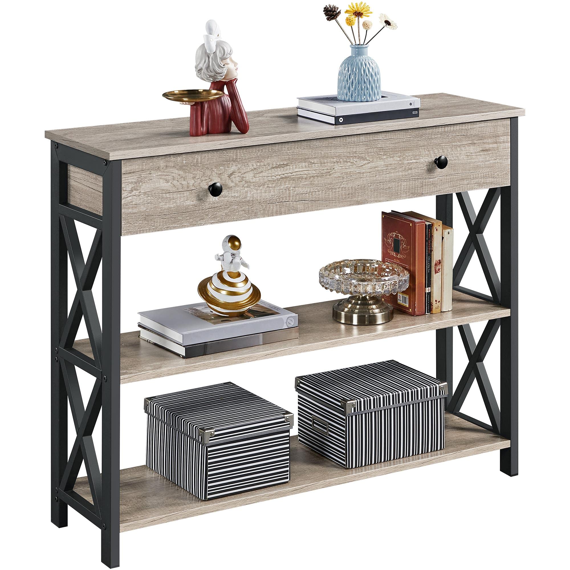 Photo 1 of ****maybe need buy screws***Yaheetech Console Table with Drawer, Entryway Table with 3 Tier Storage Shelves, Narrow Long Sofa Table for Entryway, Living Room, Hallway, Couch, Kitchen, Metal Frame, Gray