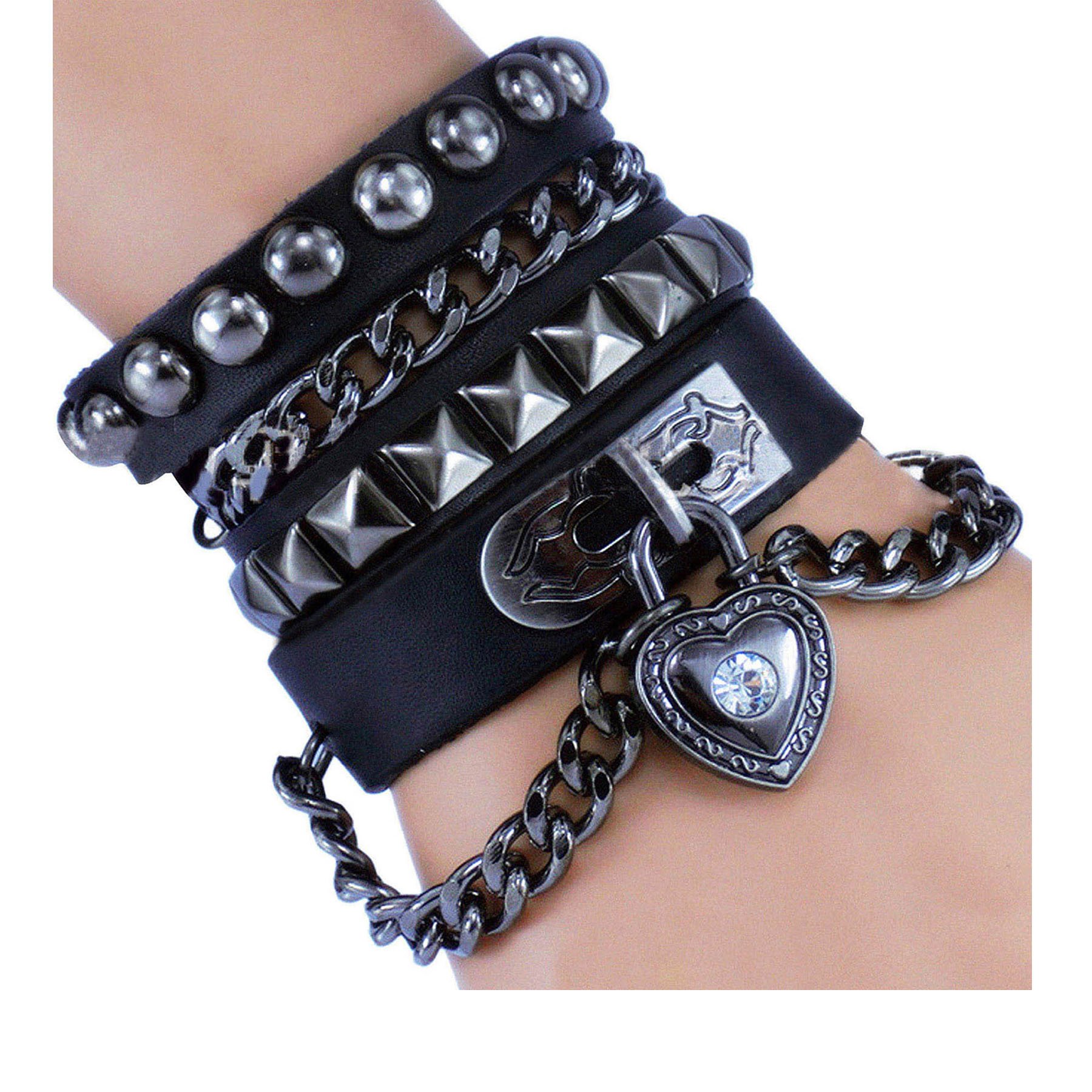 Leather Heart Trendy Black Wide Cuff Bracelet Xmas Gift for Teens Emo