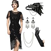 SWEETV Great Gatsby Lace Neck Flapper Dress - 1920s Dress for Women With Sleeve - Roaring 20s Costume