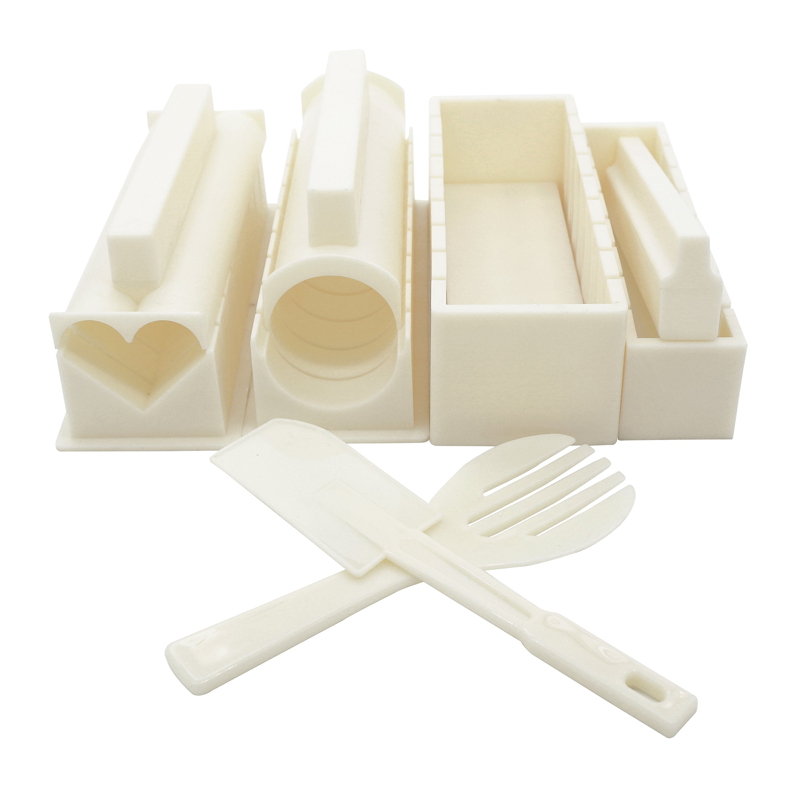 EXZACT Sushi Maker Kit 10pcs, Rice Roll Mould Set 5 Unique Shapes: Heart, Round, Pyramid, Square, Japanese Cuisine at Home, Cream White — image 1