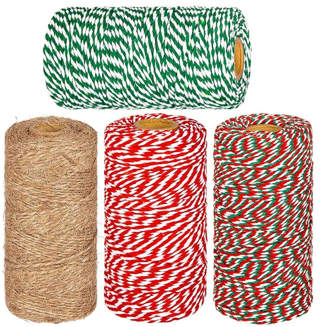 LATERN 4Pcs Christmas Jute Strings and Cotton Twine Rolls, 1312 Feet Red White Green Cotton String Jute Twine Wrapping Rope Cord for Xmas DIY Crafts Presents Baking