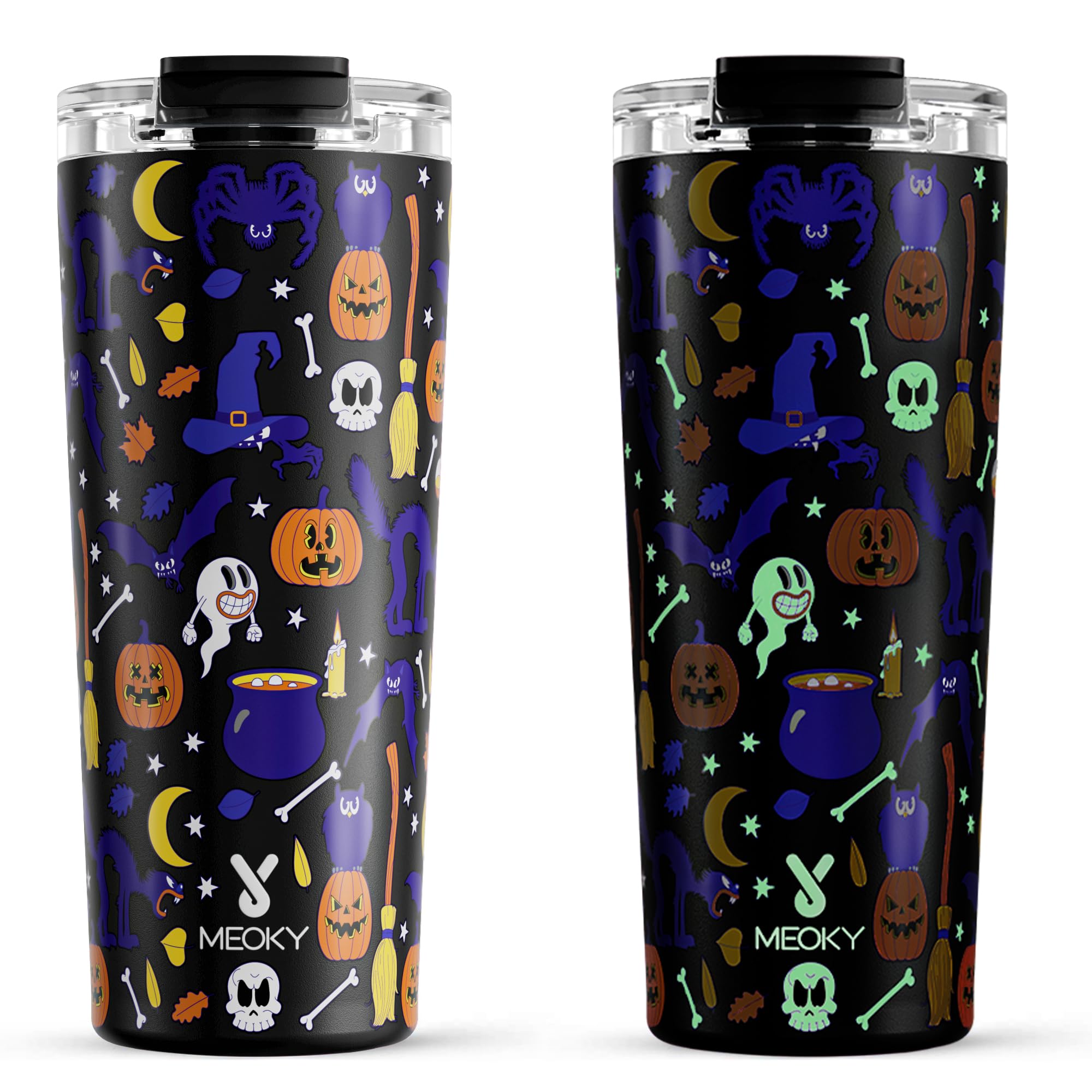 Meoky 24 oz Halloween Travel Coffee Mug with Leak-proof Lid, Glow in the Dark Stainless Steel Insulated Coffee Tumbler, Keeps Hot for 8 Hours, Fits in Car Cup Holder(Haunted Pumpkin)