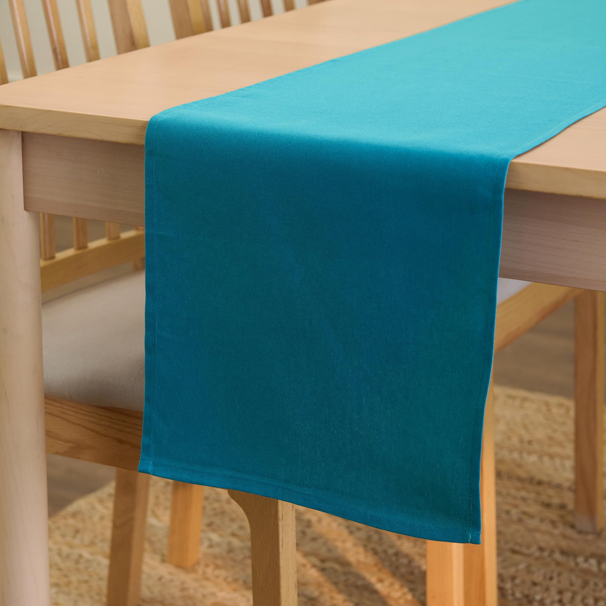 Encasa XO Table Runner 13x59 in Long | Cotton Canvas Fabric | Azul Blue Solid Color | Machine Washable & Durable