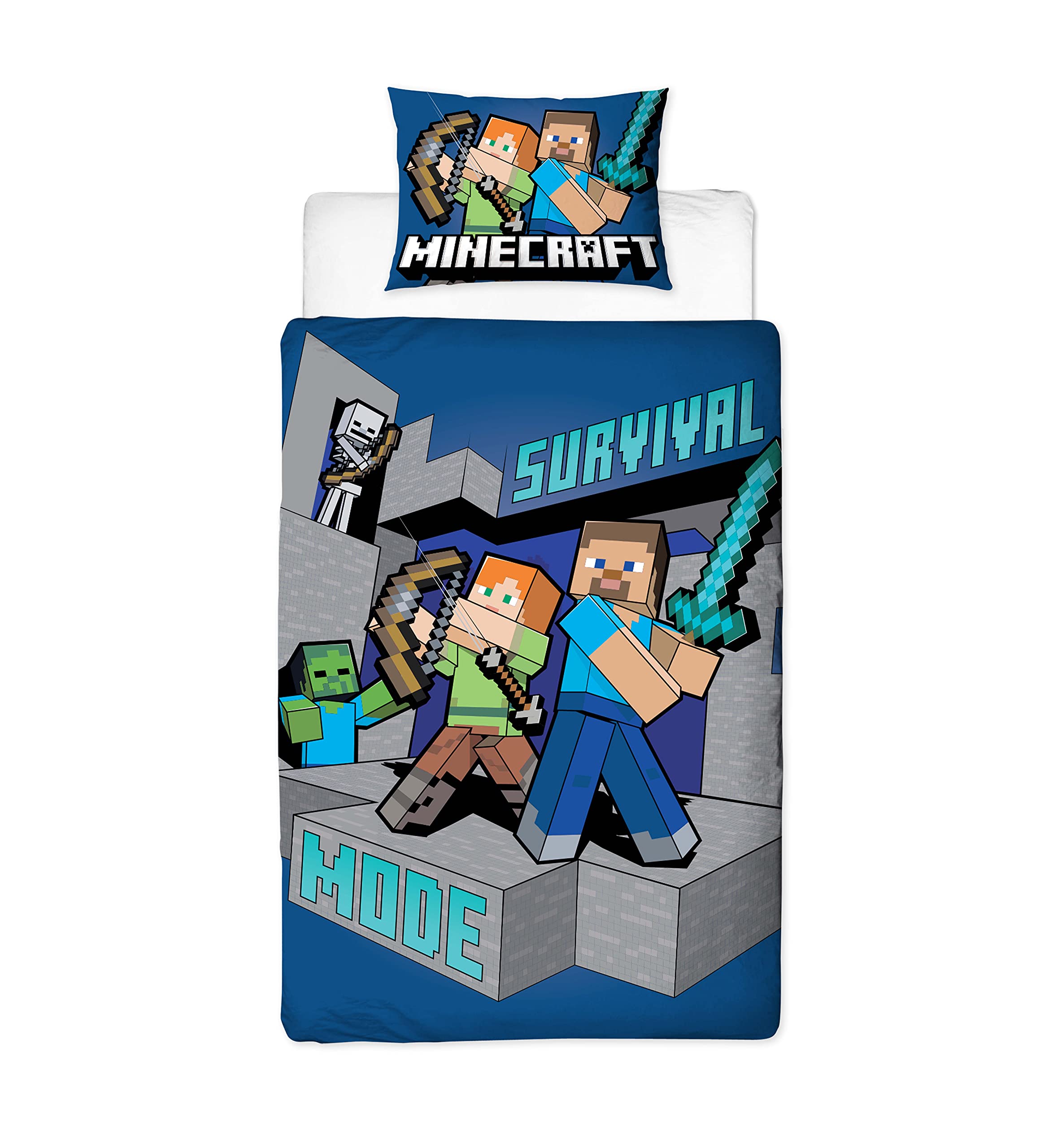 Minecraft Survive Single Duvet Cover Officially Licensed | Reversible 2 Sided Survive Design with Matching Pillowcase, Polycotton, Blue (Single)