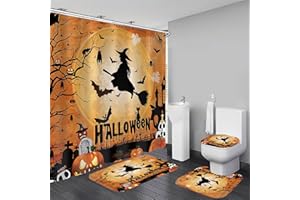 Yizheer Halloween 4Pcs Pumpkin Shower Curtain Sets with Non-Slip Rugs, Toilet Lid Cover and Bath Mat, Haunted House Waterproof Shower Curtains Bathroom Decor Set Halloween Decor