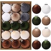 Teeanzo 12 PCS Christmas Velvet Balls Ornaments 3.14In Shatterproof Green Brown Tree Hanging Plastic Ball Set Xmas Bulk Flocked Ornaments for Christmas Tree Home Party Wreath Decorations