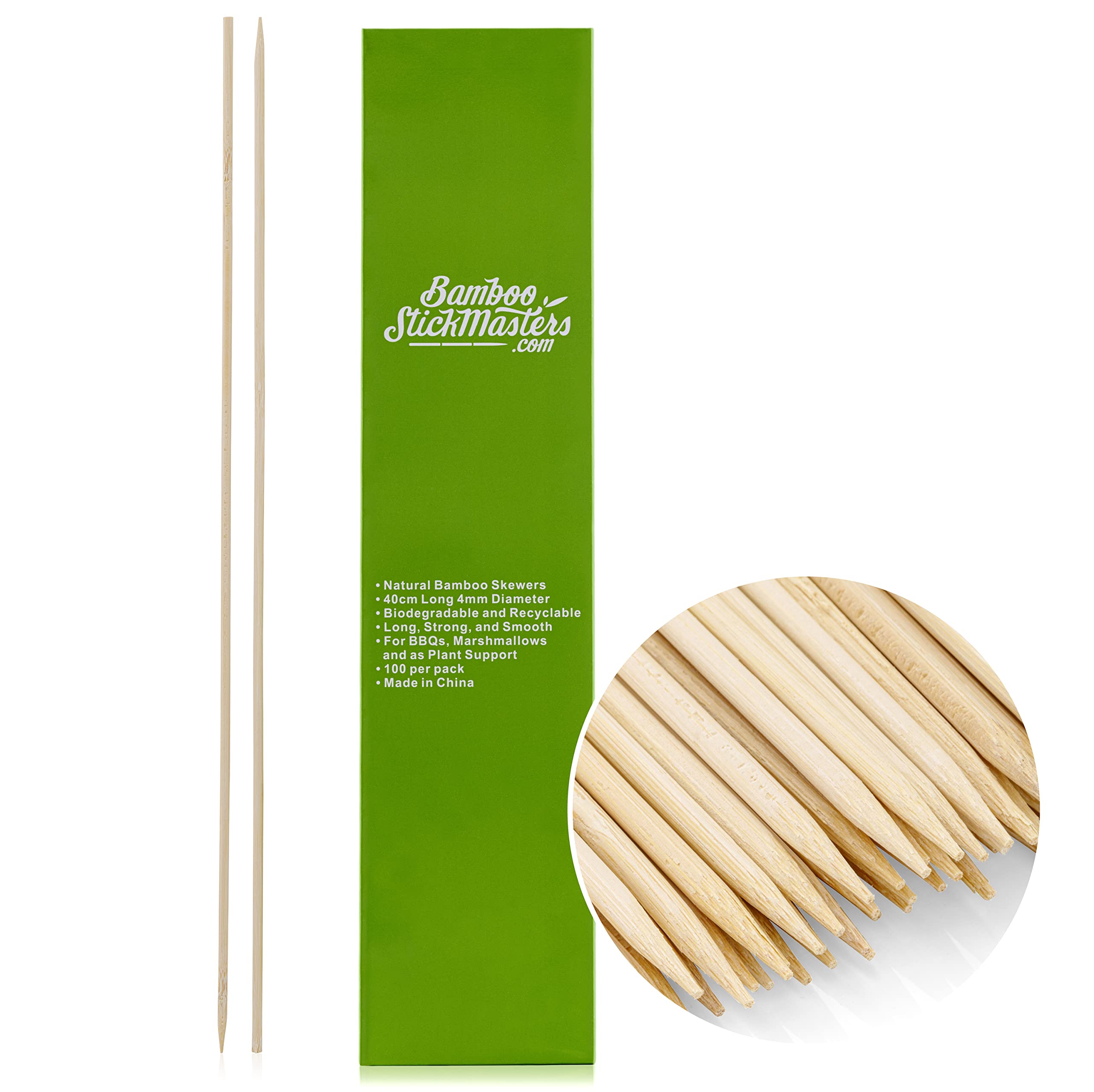 BAMBOO STICK MASTERS - Bamboo Skewers - Wooden Skewers for BBQ Kebab - Grilling - Long 40cm - Fire Pit Marshmallow Sticks - Strong Wooden BBQ Sticks for Barbecue - Pack of 100