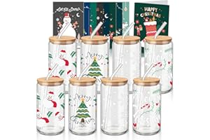 Paoren 8 Set Christmas Glass Cups with Lids and Straws, 16 oz Iced Coffee Cups with Bamboo Lids, Xmas Glass Tumbler Gifts for