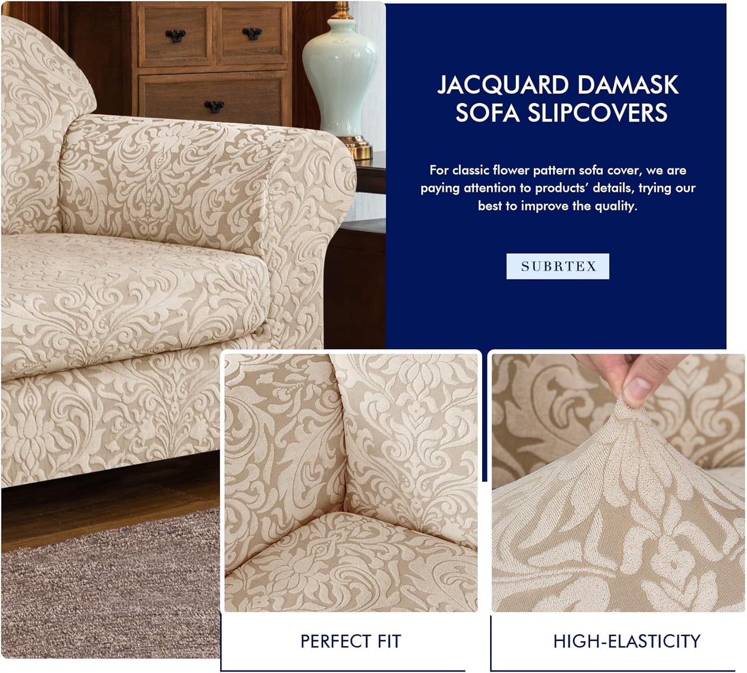 subrtex Sofa Slipcover 2-Piece Jacquard Damask Couch Cover with Seat Cushion Stretch Furniture Protector for Armchair in Living Room for Kids, Pets (Small,Linen): Home & Kitchen