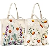 Paterr 2 Pcs Floral Embroidery Tote Bag for Women Aesthetic Cute Reusable Canvas Shoulder Bag for Embroidery Gifts, Shopping, Grocery, Work, Book, Gym, Travel