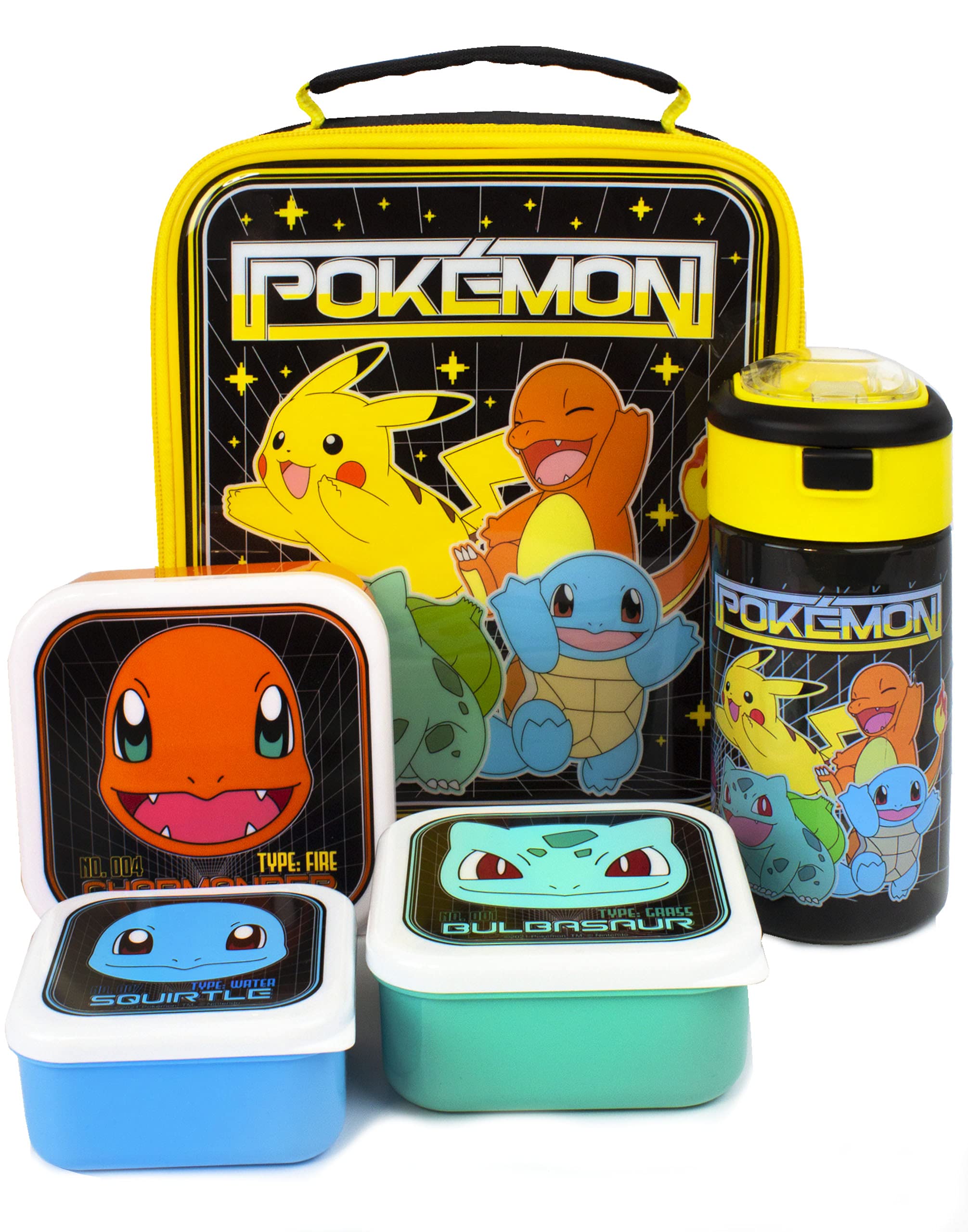 Pokemon Lunch Bag Set | Adventure with Pikachu, Bulbasaur, Squirtle, Charmander | 5-Piece School Dinner Bag with BPA-Free Water Bottle & Snack Pots | One Size Fun