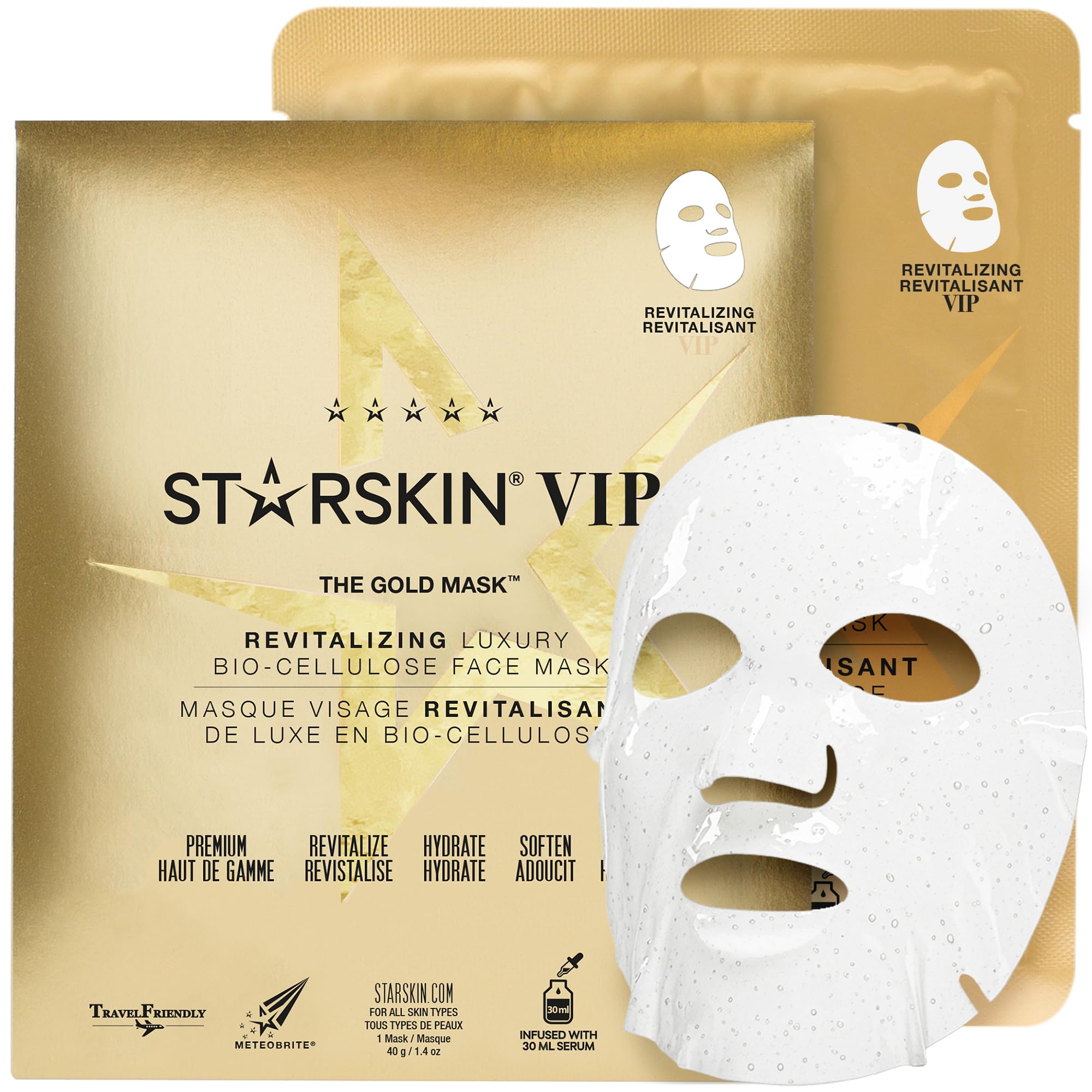 STARSKIN VIP Gold Mask Face 1x40g, Coconut Bio-Cellulose Revitalizing Face Mask for all Skin Types, Korean Skin Care, Instant Hydration and Plump, Moisturizing and Nourishing, K Beauty Skincare