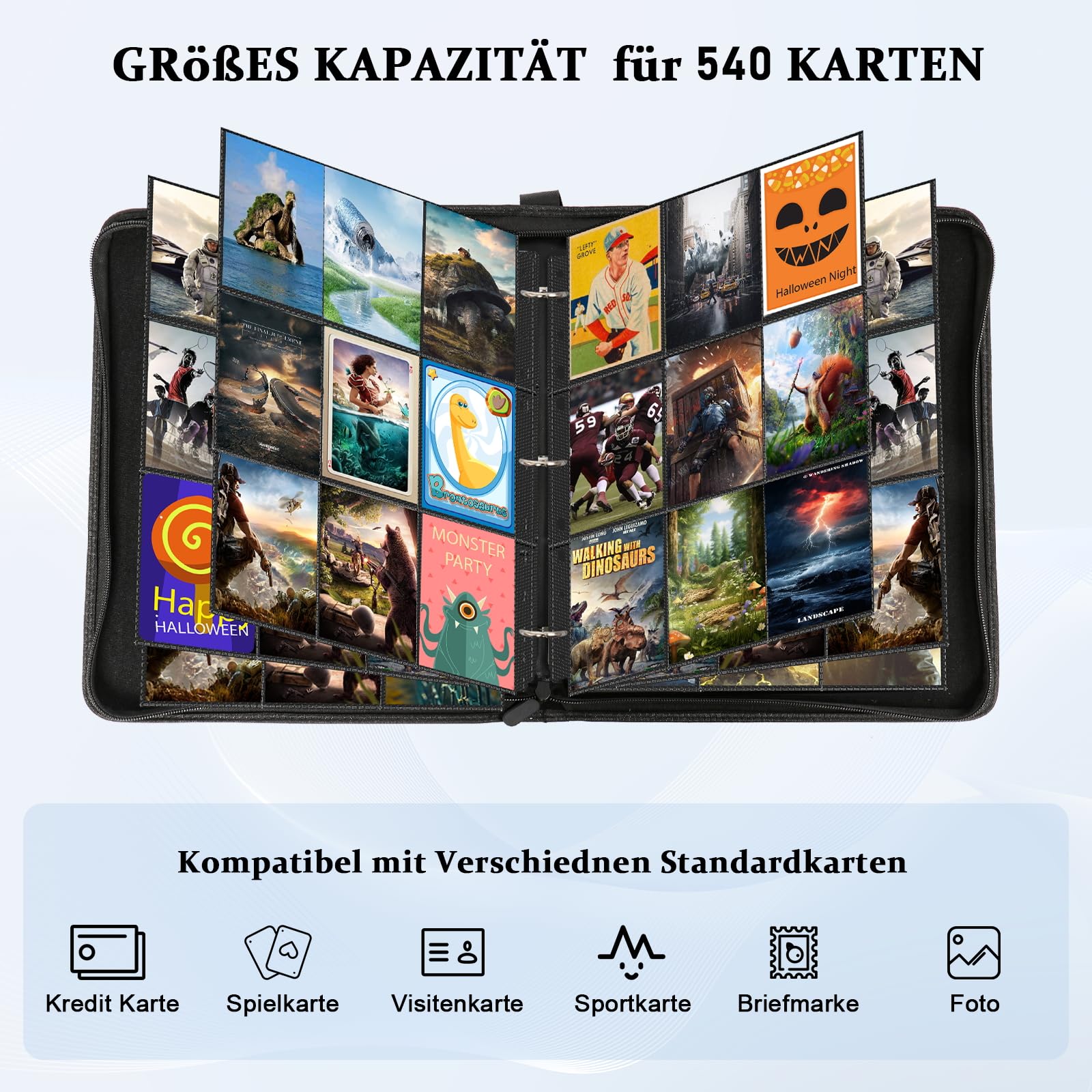 Sammelkarten Album,9 Fächer 30 Seiten bis zu 540 Karten Sammelalbum Binder,Karten Heft für Spielkarten, Sportkarten, Yu-Gi-Oh, MTG Cards- Schwarz 3