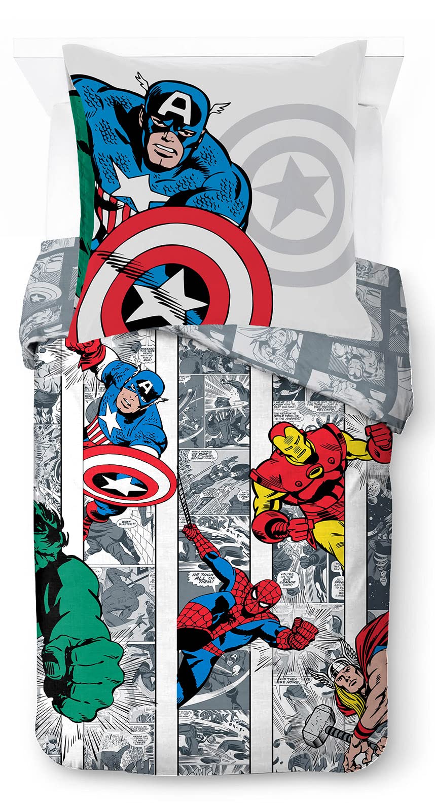 Marvel Comics Comic Cool, Children's Bed Linen Set 140x200 cm, 100% Cotton, Single Bed - Includes 1 Duvet Cover 140x200 cm, & 1 Pillowcase 80x80 cm