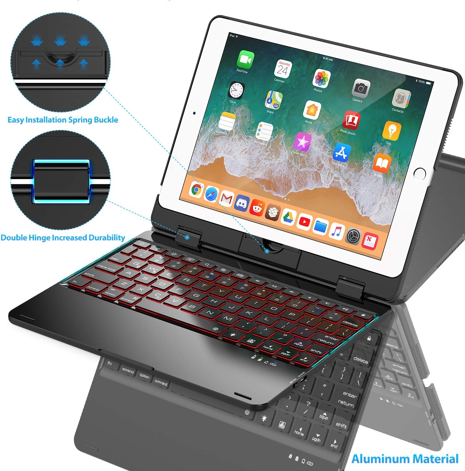 Keyboard Case Compatible with iPad 2018 (6th Gen)/ 2017 (5th Gen)/ iPad Pro 9.7/ iPad Air 2 & 1 | 360 Rotatable & Aluminum iPad Case with Keyboard - 7 Colors Backlit & Breathing Light (Black)
