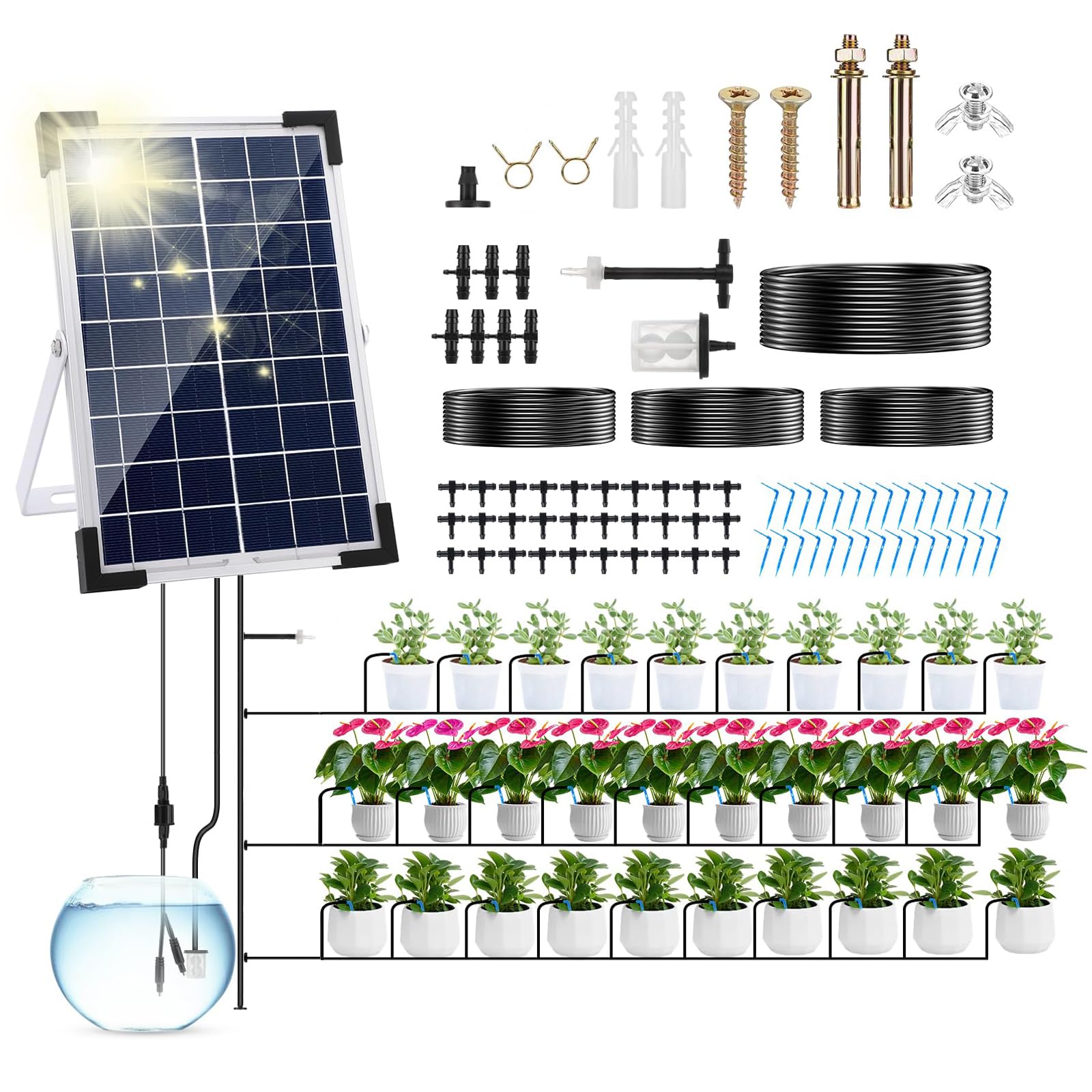 UKSUNVI Garden Drip Irrigation System Solar Powered,5W Automatic Solar Drip Irrigation Kit Watering System, Anti-Siphon Design for Potted Plants Greenhouse,Timing Modes Plant Watering Devices