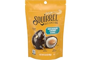 Squirrel Brand Dark Chocolate & Coconut Almonds, 3.5 Ounces, Resealable Bag, Gluten Free, Kosher, Snacks for Adults and Kids, California Almonds, Fair Trade Certified Cocoa