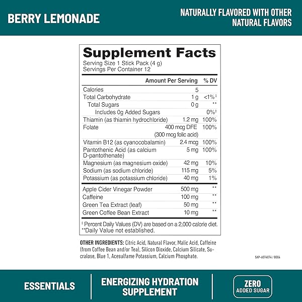 SLIMFAST HYDRATION PACKETS, INTERMITTENT FASTING ELECTROLYTES, DRINK MIX PACKETS, INTERMITTENT FASTING POWDER, ENERGY POWDER DRINK MIX, CAFFEINE, ELECTROLYTES FOR HYDRATION, BERRY LEMONADE (12 COUNT)