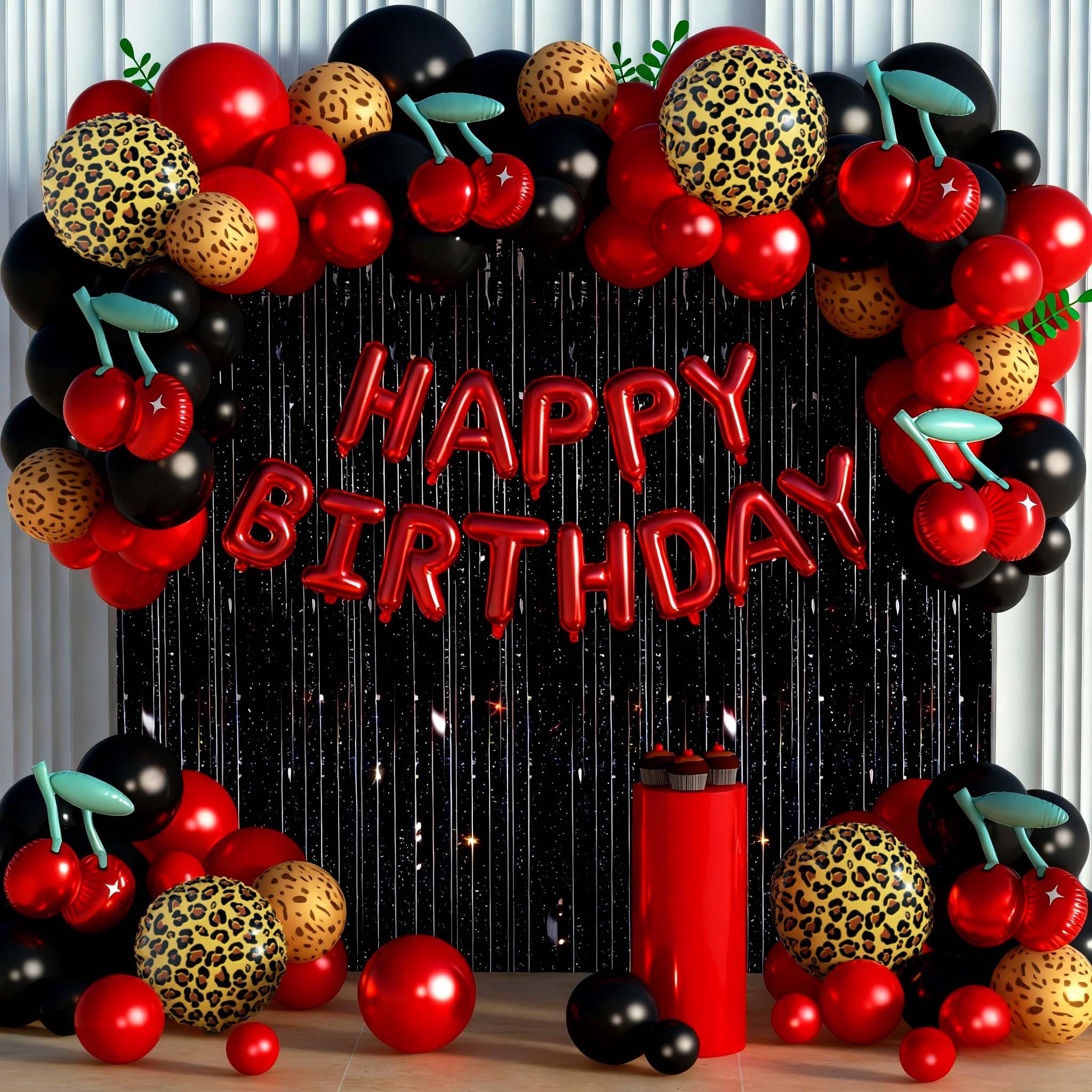 Photo 1 of 119Pcs Red Cheetah Print Birthday Decorations Balloons Kit, Black Red Cherry Leopard Print Balloons Birthday Foil Banner and Laser Fringe Curtain for Girls Women