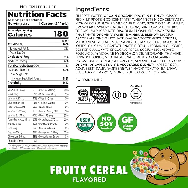 ORGAIN ORGANIC KIDS NUTRITIONAL PROTEIN SHAKE, FRUITY CEREAL – KIDS SNACKS WITH 8G DAIRY PROTEIN, 22 VITAMINS & MINERALS, FRUITS & VEGETABLES, GLUTEN FREE, SOY FREE, NON-GMO, 8.25 FL OZ (PACK OF 12)