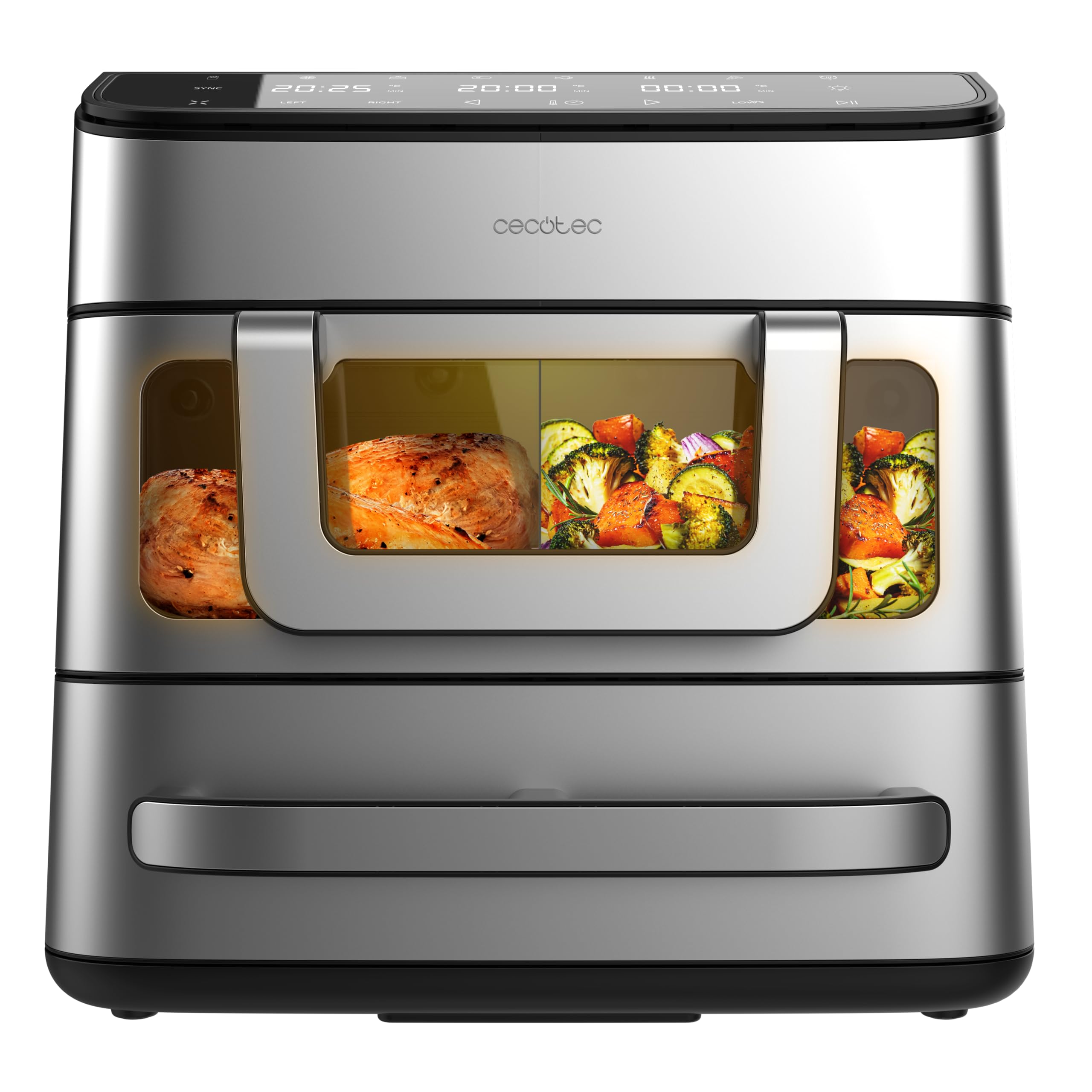 Cecotec Cecofry FoodCourt 18000 4Pizza Air Fryer 18 l Air Fryer 18000 4Pizza 2700 W, Backofen 30 cm, Temperatur max. 230 °C, 9 l Trennwand und 200 °C, Sync-Funktion, Pizzastein, Farbdisplay, Edelstahl