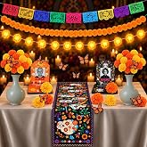 94Pcs Dia De Los Muertos Decorations Kit, Day of the Dead Altar Decor | Ofrenda Decorations with LED Marigold Garland, Picture Frames, Marigold Flowers with Stem, Butterflies, Banners, Table Runner