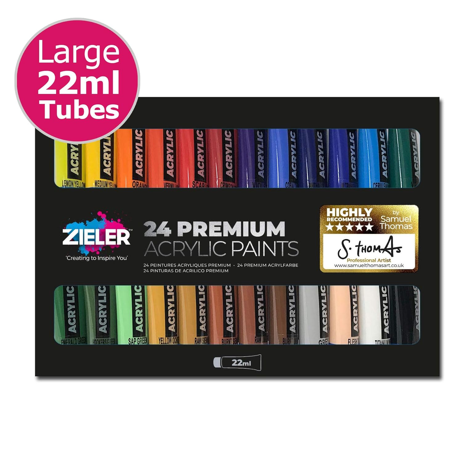 Premium Acrylic Paint Set (24 Large 22ml Tubes) by Zieler®. Ideal for