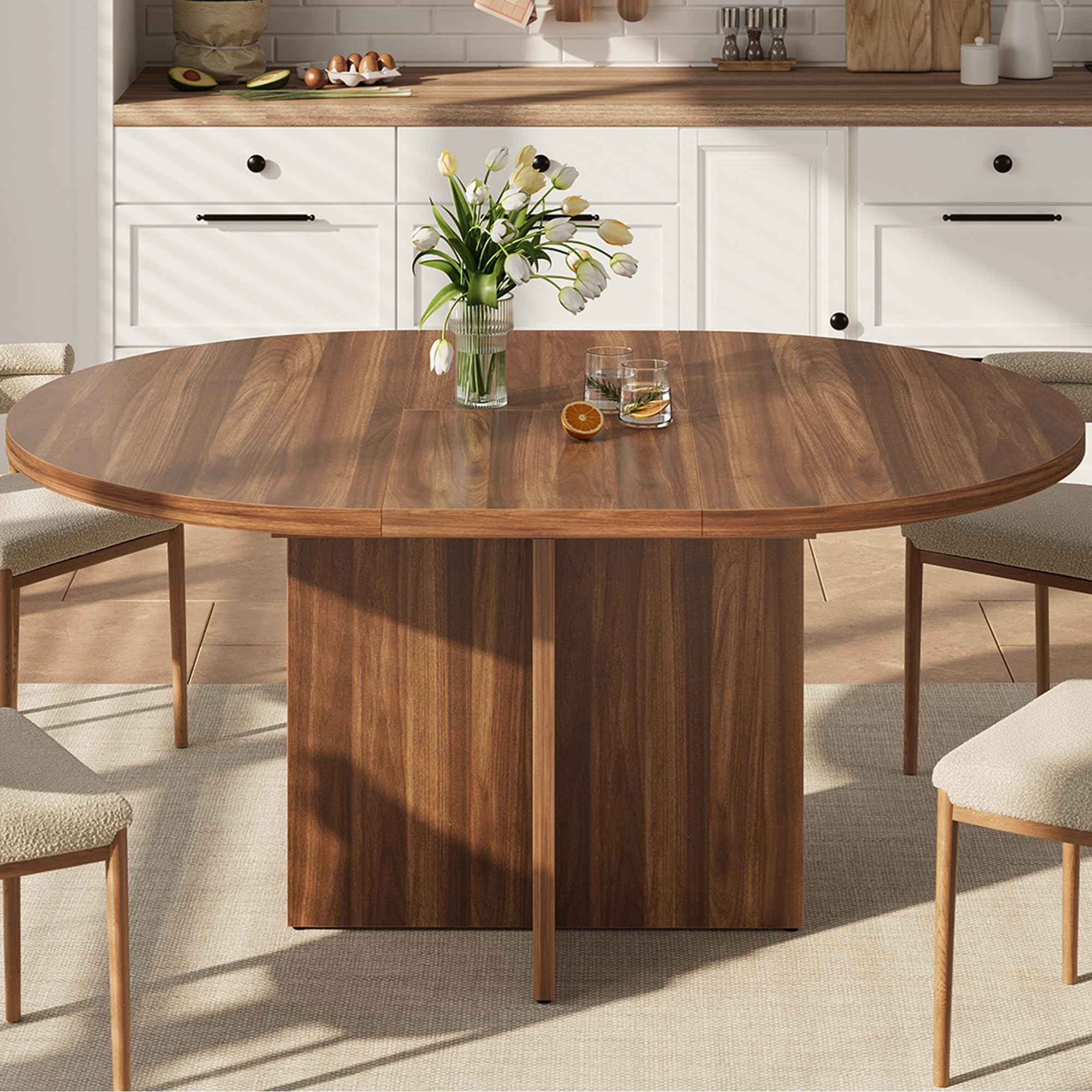 Photo 1 of **MISSING PIECES** IDEALHOUSE 43.3in-59in Extendable Round Dining Table for 4-8, Space Saving Kitchen Table with Removable Leaves, Oval Dinner Table for Dining Room, Kitchen, Living Room, Walnut