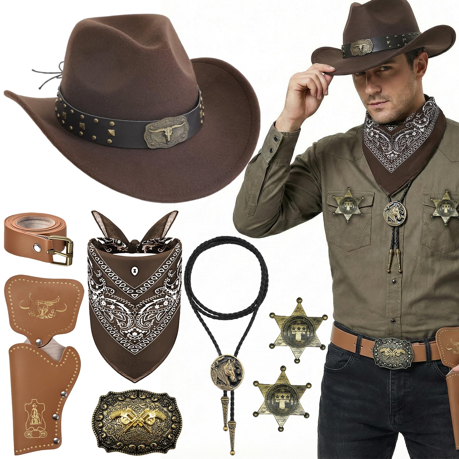 Wynlora 8Pcs Western Cowboy Costume Accessories Set, Wild West Cowboy Hat with Paisley Bandana Holster Belt Bolo Tie Necklace & Sheriff Badge for Men Theme Party Halloween Party
