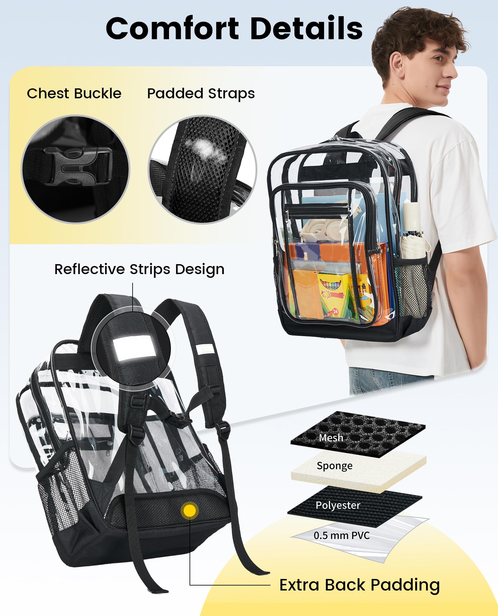 Vorspack Clear Backpack Heavy Duty - Extra Large Clear Backpacks with TSA Lock Transparent See Through Bookbag for School, Work, College, Travel - Black