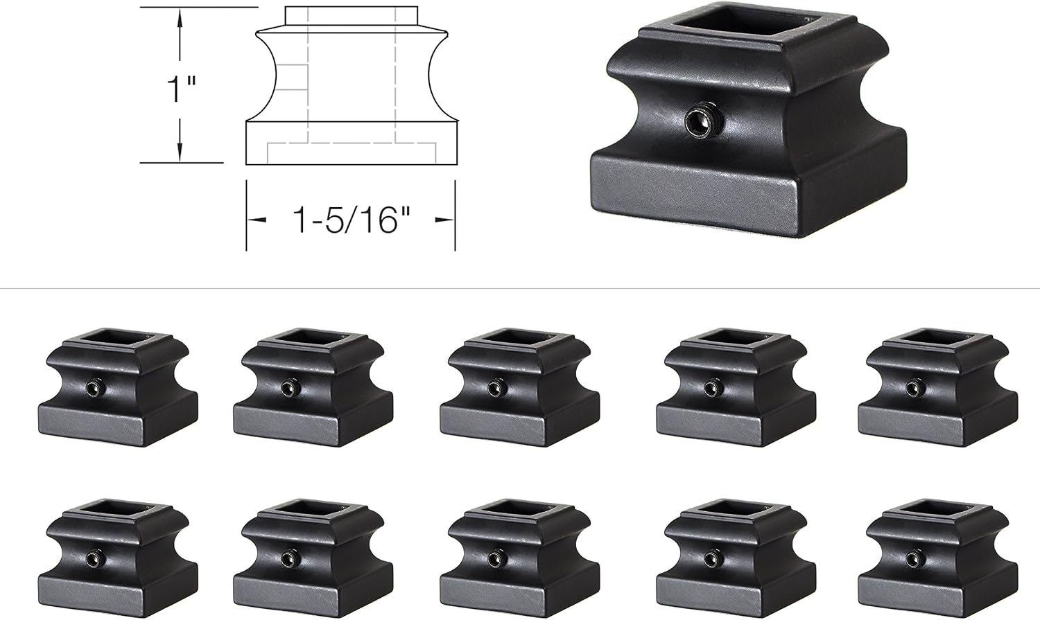 SH900 - Iron Baluster Shoes - Flat Shoe with Screw - For use with 1.3cm Square Balusters - Set of 10 (Satin Black) - Image 4