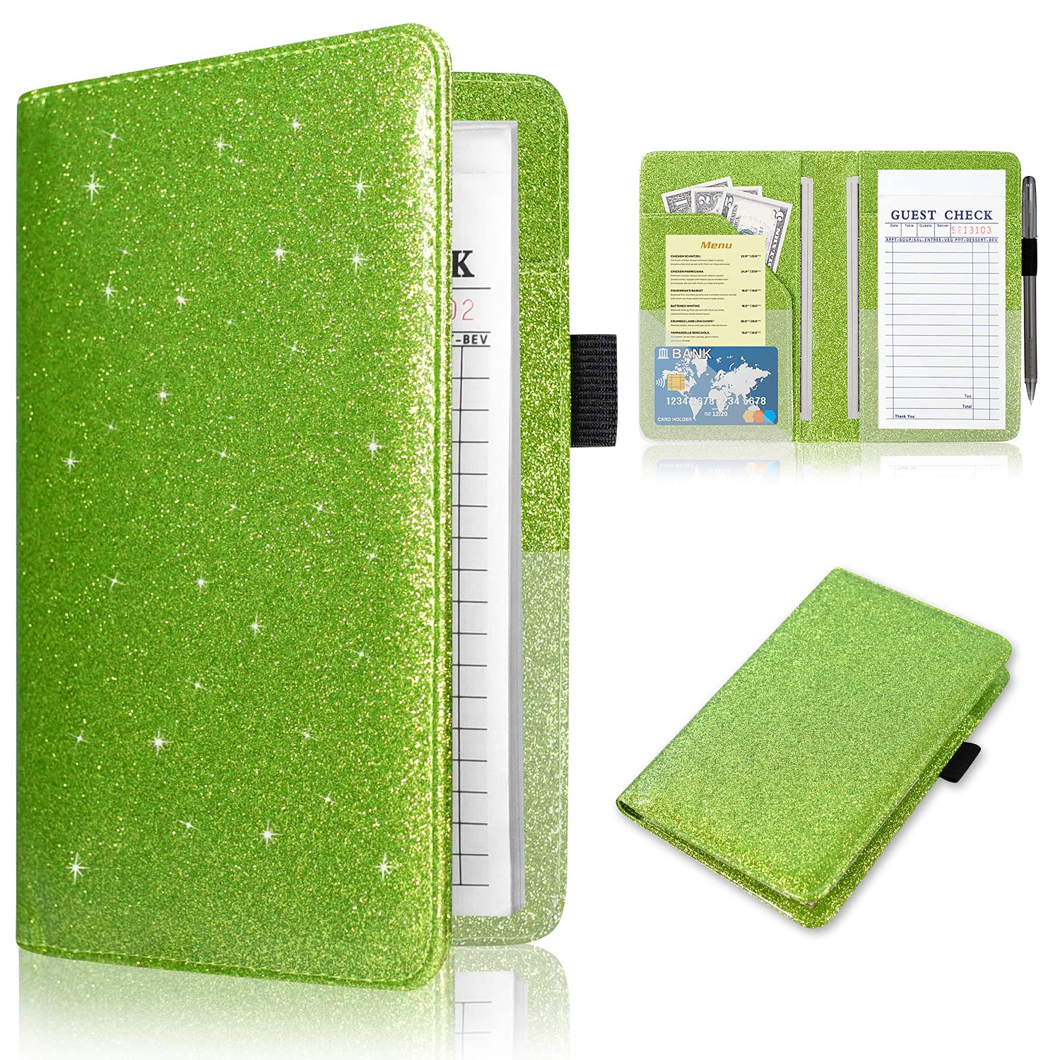 ACdream Server Books for Waitress, Guest Book Note Pad, Cute Pocket Leather Money Organizer Wallet, Cash Check Bill Receipt Holder Presenter, Waiter Accessories, Glitter Green