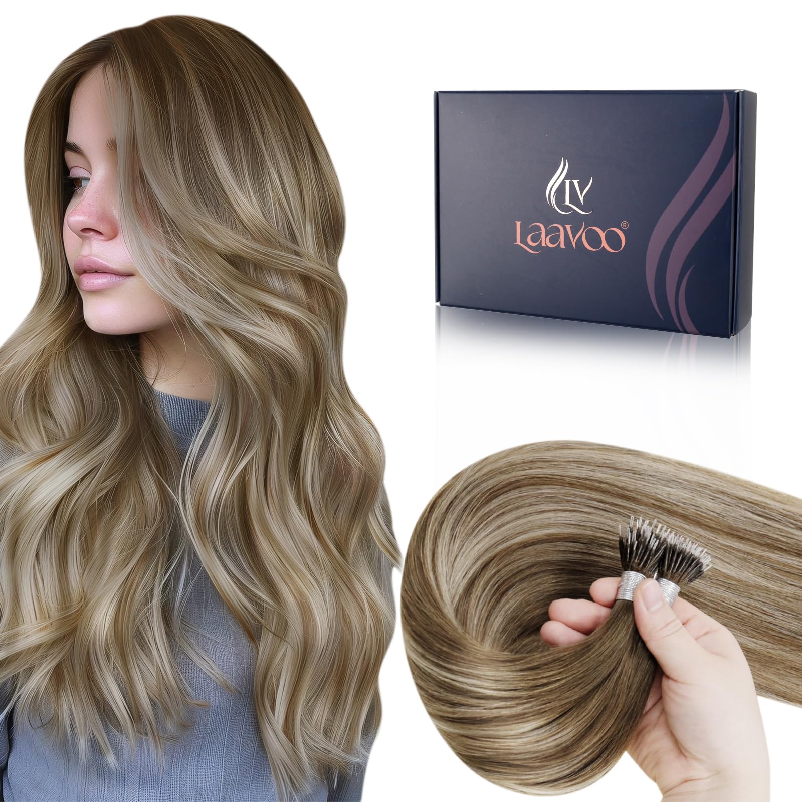LaaVoo Nano Hair Extensions Real Human Hair Brown Nano Beads Hair Extensions 22 Inch Balayage Light Brown to Light Blonde Invisible Nano Ring Straight Remy Hair 50g 50s #8/60/8 — image 1