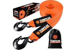 YUNPEAK Tow Strap with Hooks, 2" x 20ft (15,000lbs) Heavy Duty Recovery Towing Strap with Forged Steel Hooks, Car Tow Strap for UTV, ATV, Truck(Orange)