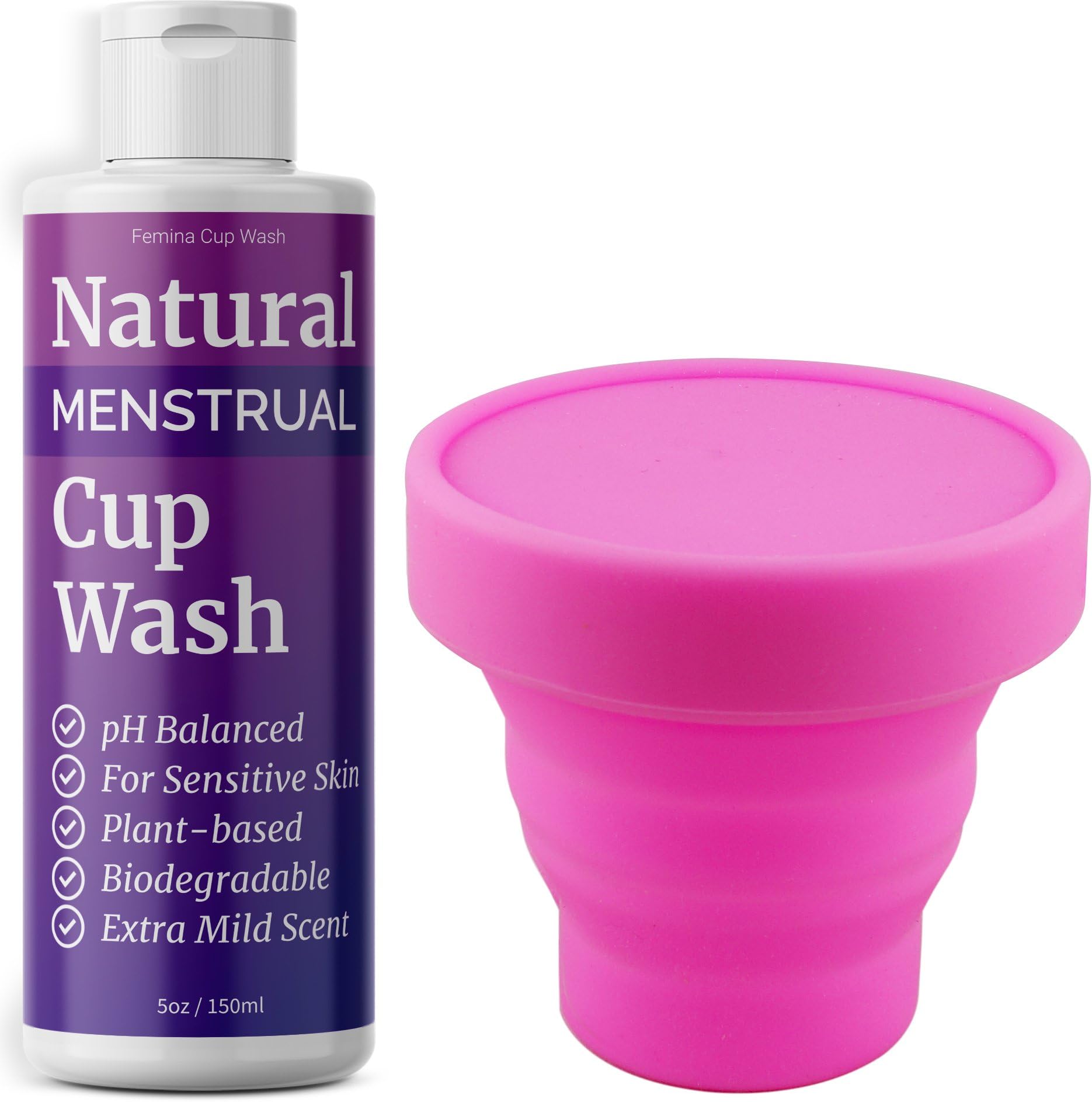 All Natural Menstrual Cup Wash with Silicone Storage Container, pH Balanced Menstrual Cup Cleaner Kit for Sensitive Skin, Specially Formulated for Reusable Menstruation Cups (5.07 fl oz)