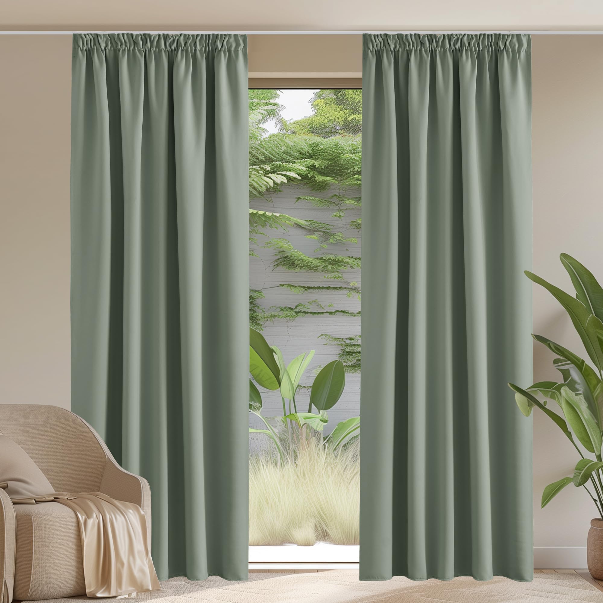 PONY DANCE Bedroom Blackout Thermal Curtains W66 X L90 - Extra Long Pencil Pleat Curtains Noise Reducing Drapes Home Decor Protection for Bedroom Living Room, 2 Panels, Sage Green