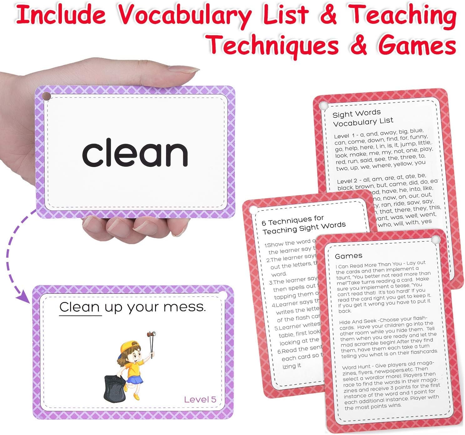 Gamenote Sight Words Flash Cards with Pictures & Sentences - 220 Dolch Big Word Reading Flash Card from Pre K to 3rd Grade (Include 5 Rings): Toys & Games