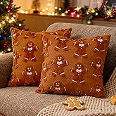 Deposhion 2-Pack Christmas Gingerbread Man Pillow Covers 18x18 Inch, Soft Plush Faux Fur Embroidered Throw Pillowcases for Sofa Couch, Holiday Home Decor