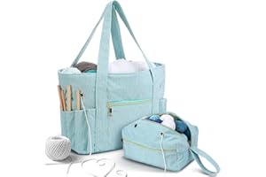 Bulyoou 2 Pcs Crochet Bag and Tote Set Corduroy Yarn Bag Crochet Tote Bag for Crochet Hooks Organizer Yarn Holder for Crochet Lovers Knitting Bag Crochet Accessories(Blue)