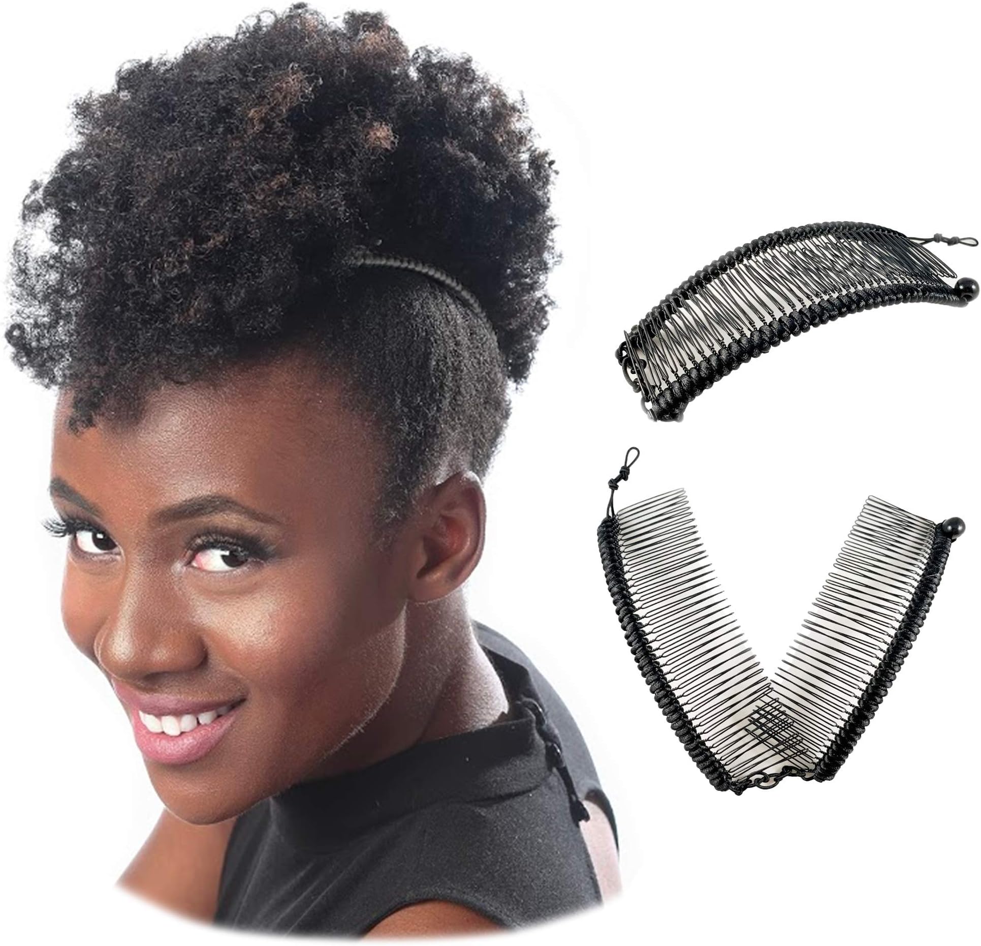 Banana Clip for Thick Heavy Natural Kinky & Curly Hair Stretch & Adjust for Safe Comfy Updos (Large Black Satin w/Ball Closure)