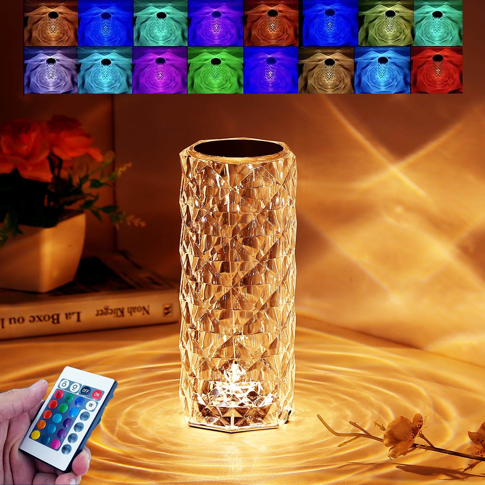 Rehenbsem Crystal Lamp,16 Color Changing Rose Crystal Diamond Table Lamp,USB Rechargeable Touch Bedside Lamp Night Light with Remote Control, for Bedroom Living Room Party Dinner Decor