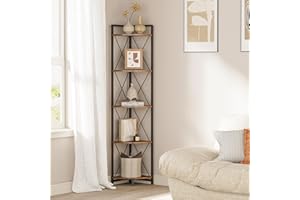 Cerlyunzan 5 Tier Corner Shelf Stand, 64" H Tall Industrial Corner Bookshelf for Living Room Decor, Metal Corner Shelf, Plant Stand Display Shelf for Bedroom, Bathroom, Small Space, Rustic Brown
