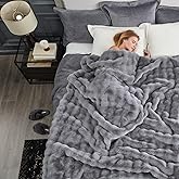 Cozy Bliss Faux Fur Throw Blanket for Couch, Fuzzy Soft Plush Thick Bubble Blanket for Sofa Bedroom Living Room, 90 * 90 Inches Light Grey
