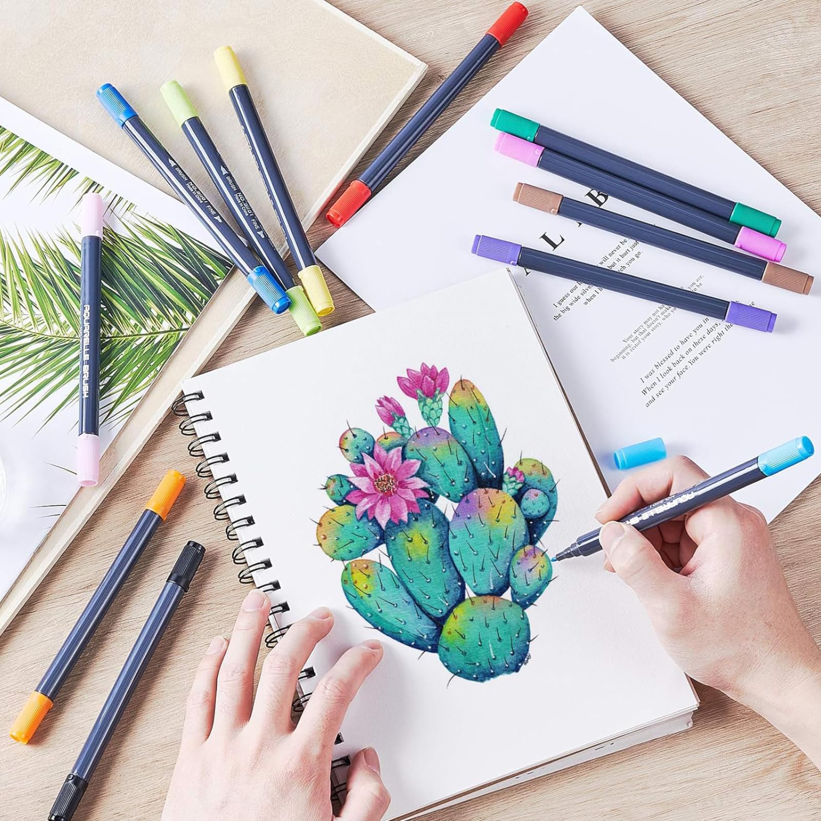 PuTwo Dual Brush Pens in 12 Colors: Dual Flexible Tips (Fine 0.8mm, Brush 1-2mm), Watercolor Paint Markers for Adults Coloring, Art Project