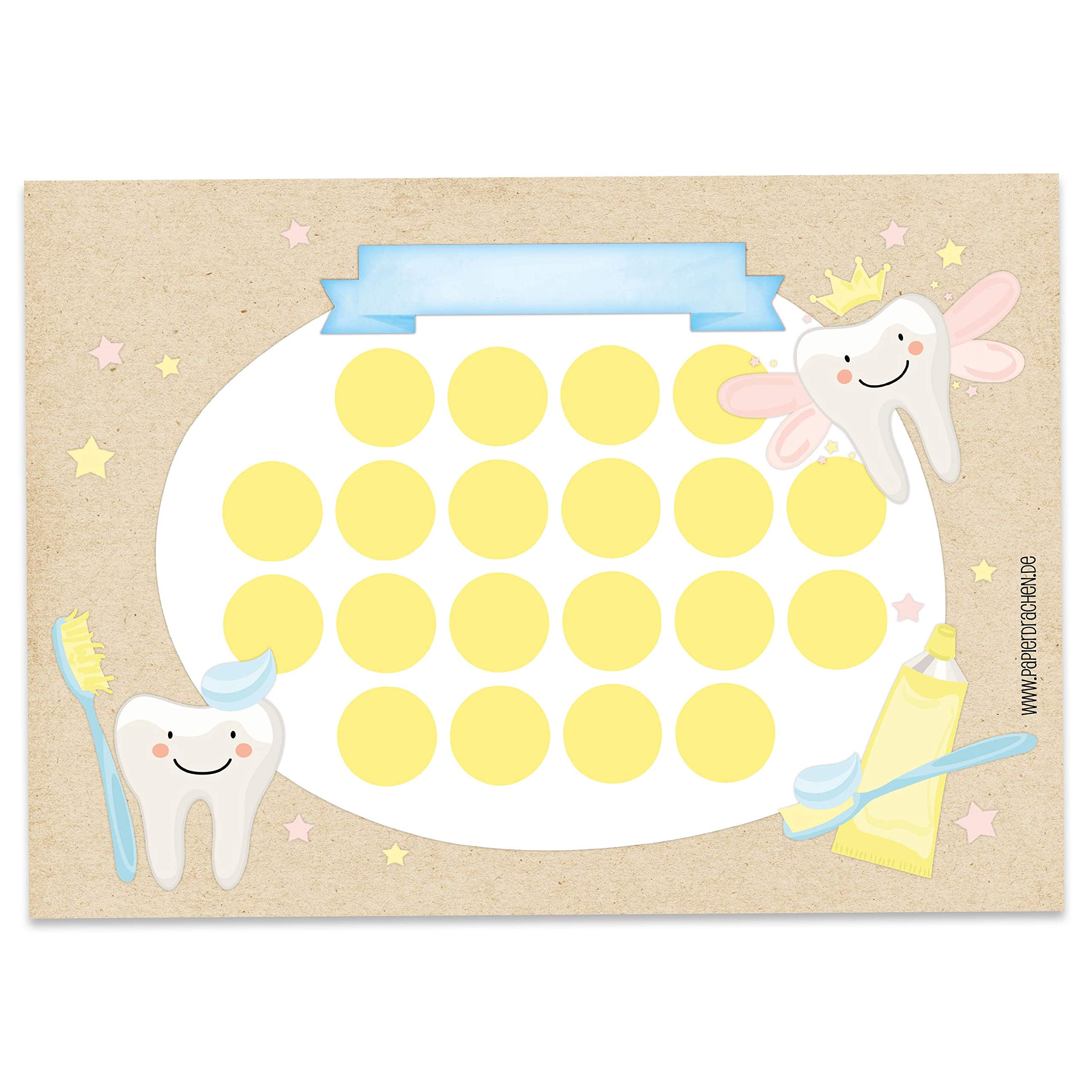 Papierdrachen Reward chart set for children in a 10-sheet tear-off pad - Motivating design as an educational aid - with great stickers for boys and girls - Brushing teeth 1 set 10
