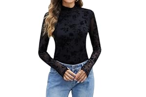 LOMON Mesh Long Sleeve Tops for Women Double Layered Sheer Shirts Mockneck Going Out Party Lace Blouse S-XXL