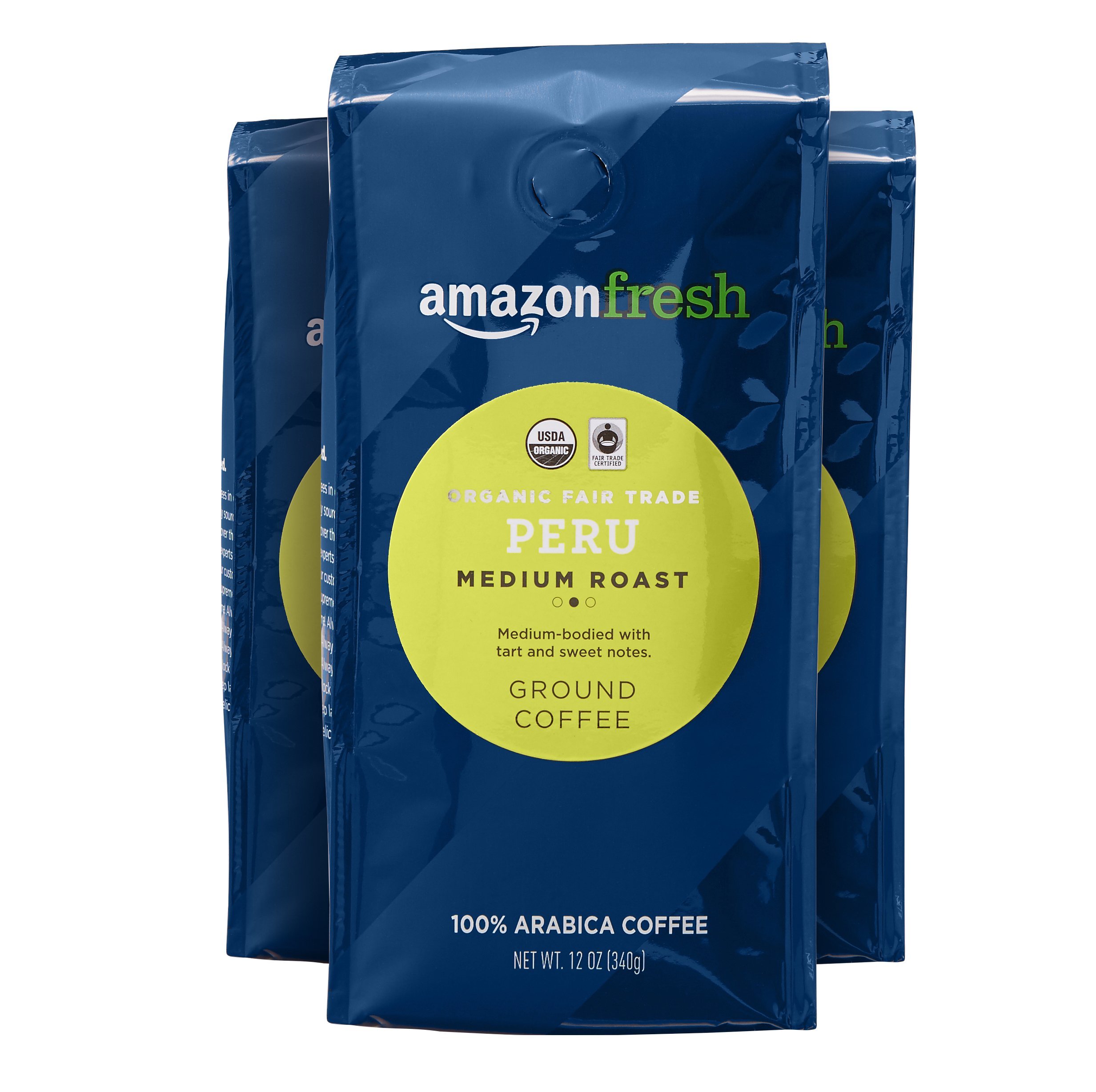 Amazon Fresh Organic Fair Trade Peru Ground Coffee, Medium Roast, 12 Ounce (Pack of 3)