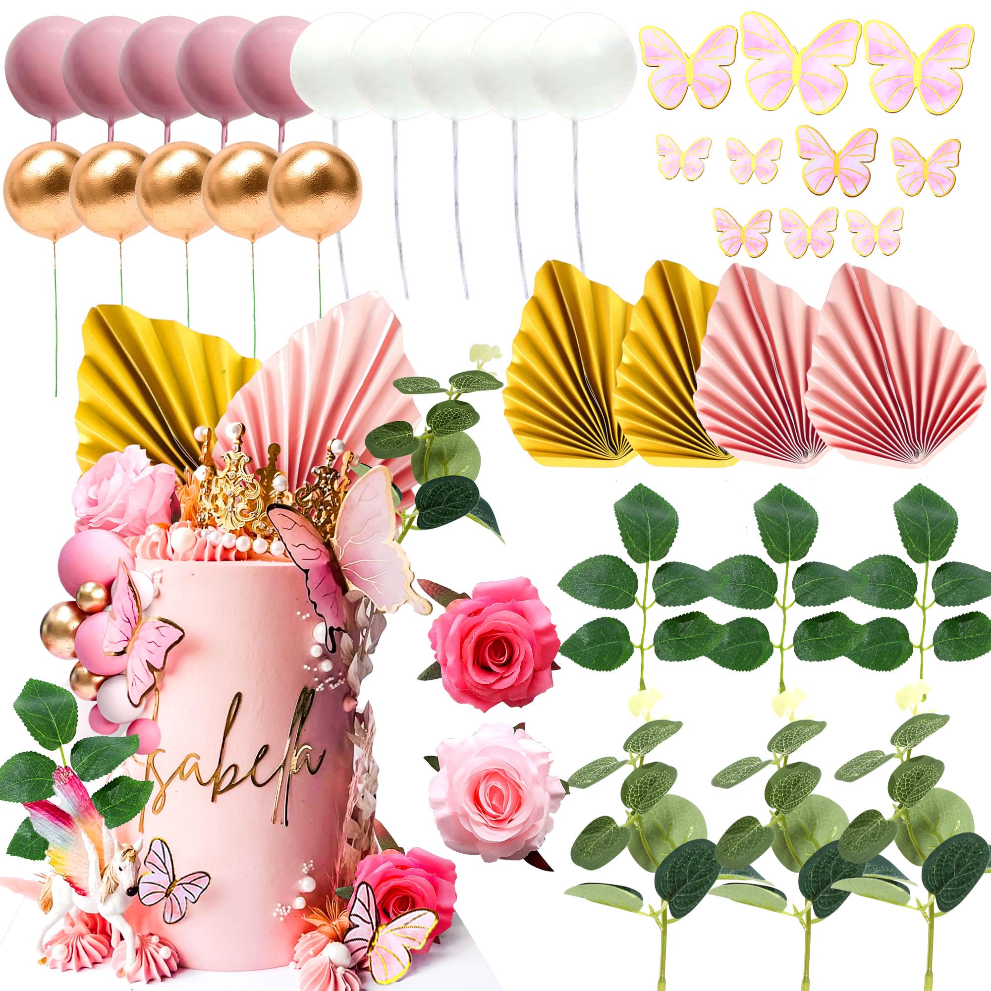 JeVenis Pink Balls Cake Topper Baby Shower Cake decoration Butterfly Cake Decorations Rose Cake Topper Boho Cake Decorations Palm Leaves Cake Decoration