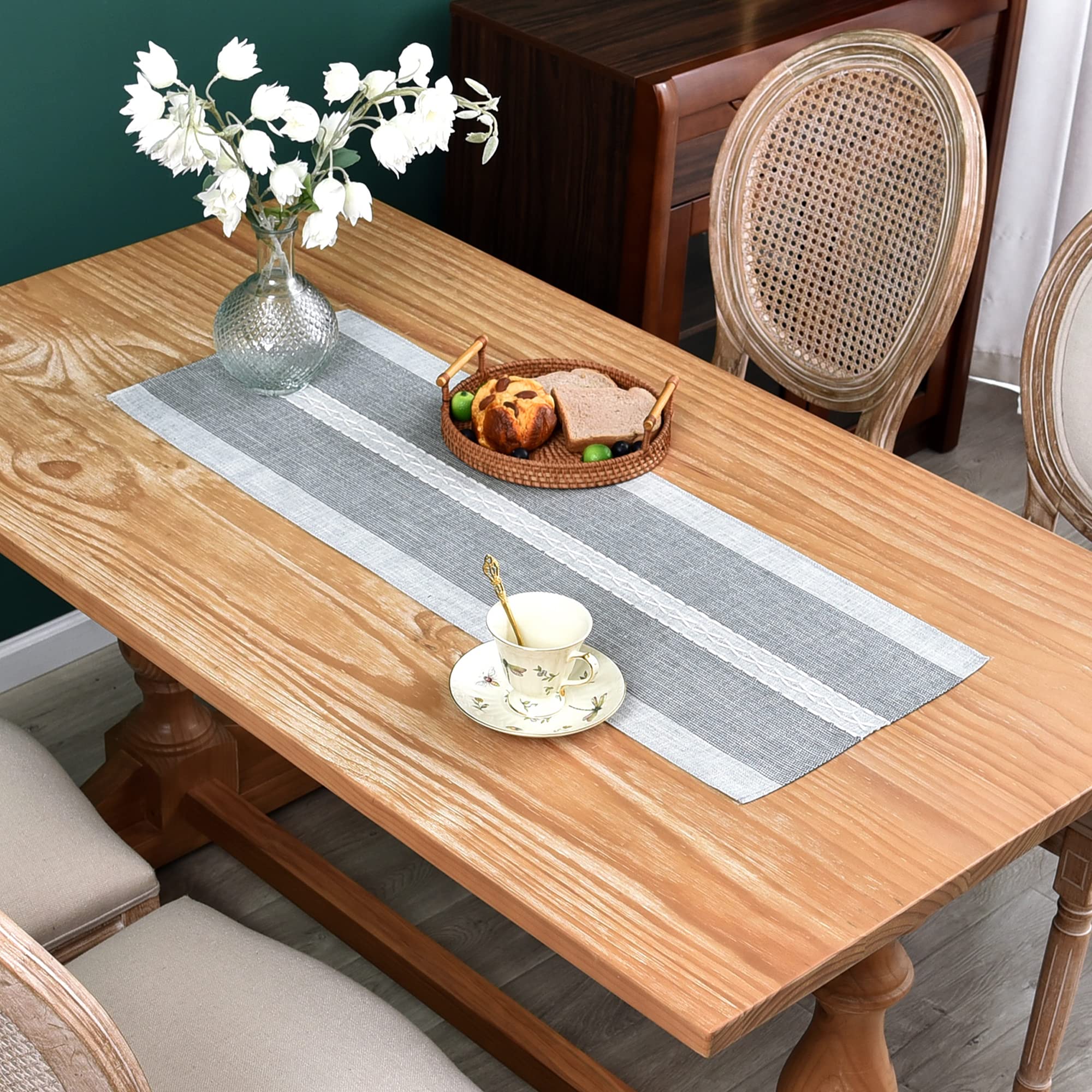 Braided Striped Table Runner Rustic Embroidery Coffee Table Runners for Decorations Weddings Holiday Grey 33x92cm/13x36inch