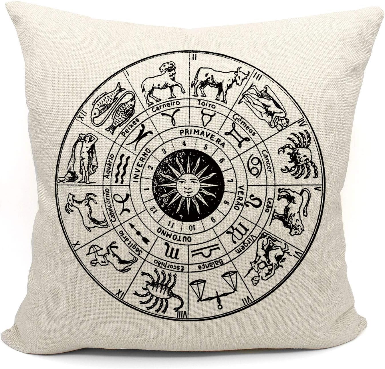 Mancheng-zi Zodiac Constellation Astrology Circle Throw Pillow Case, Retro Astrology Graphics Pillow, for Astrology Lovers, Gift for Daughter, 18 x 18 Inch Linen Cushion Cover for Sofa Couch Bed